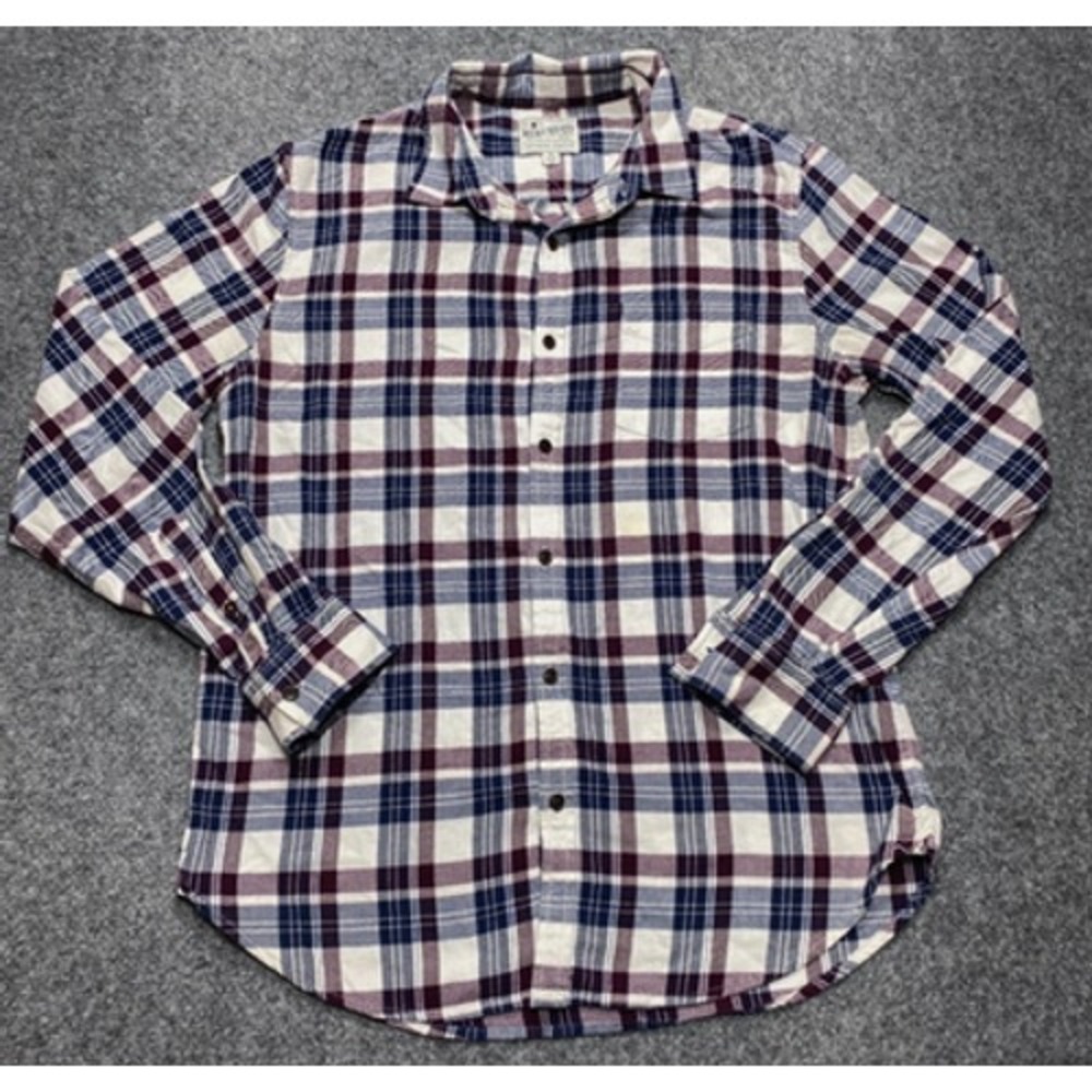 Lucky Brand Shirt Mens Medium Burgundy Blue Plaid Saturday Stretch Button Down